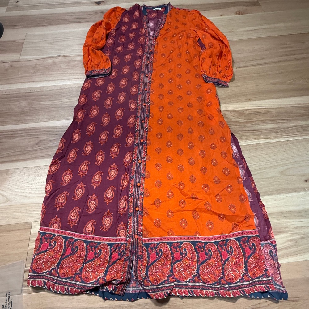 Sundance Paisley Maxi Dress Women PM Orange Plum Cotton Button Boho Pockets